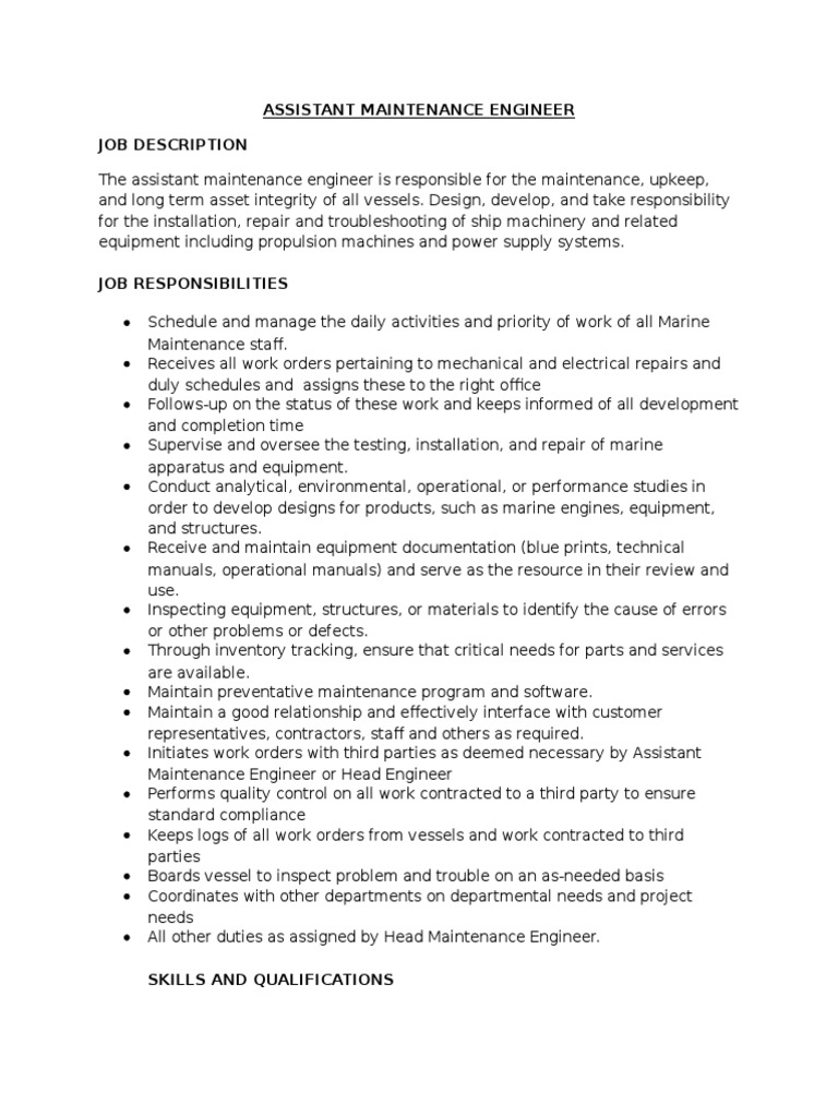 Assitant Maintenance Engineer | PDF | Maintenance | Engineer