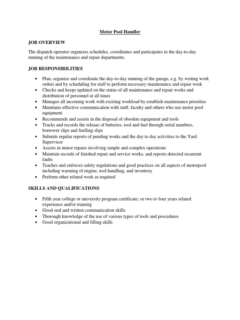 Motor Pool Handler Job Overview PDF