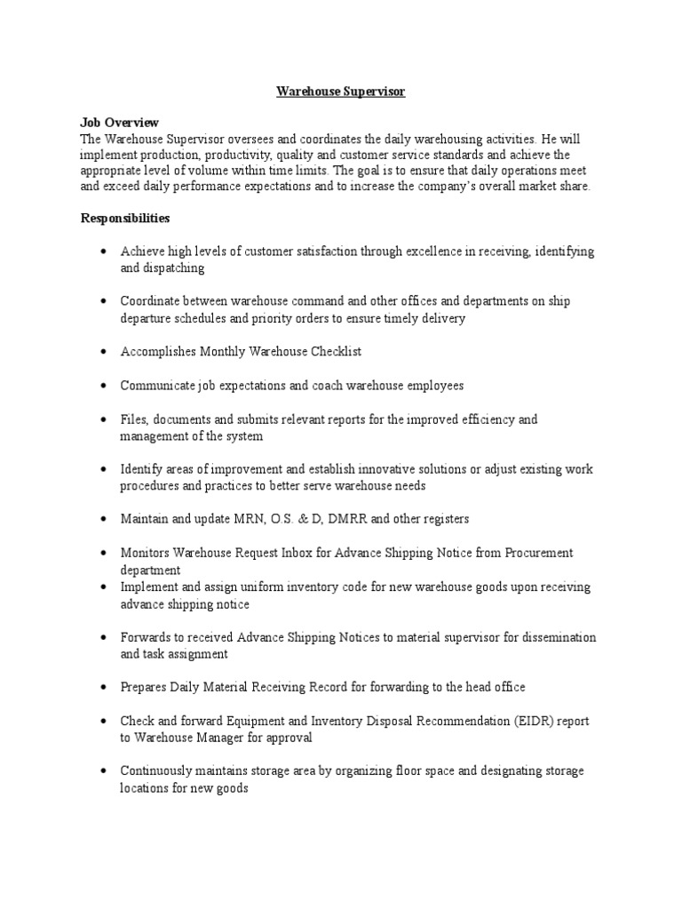 Warehouse Supervisor | PDF | Warehouse | Supervisor
