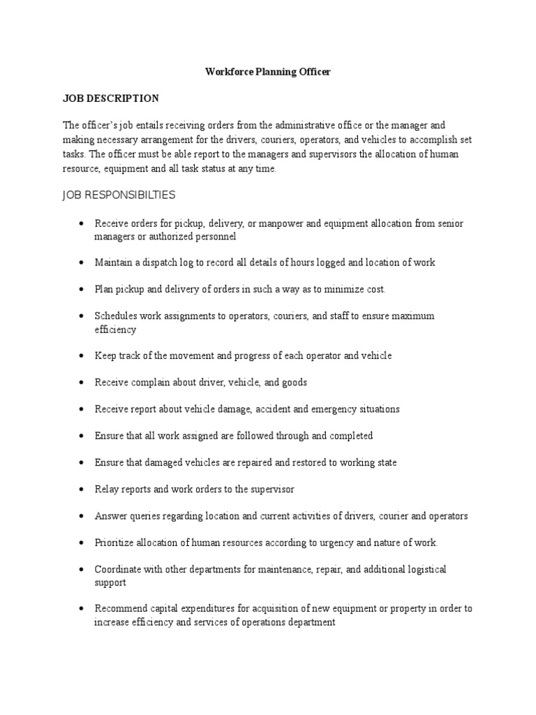 Workforce Planning Officer Job Description PDF