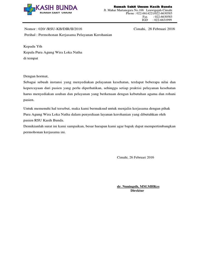 Surat Permohonan Kerjasama Dengan Rumah Sakit Kumpulan