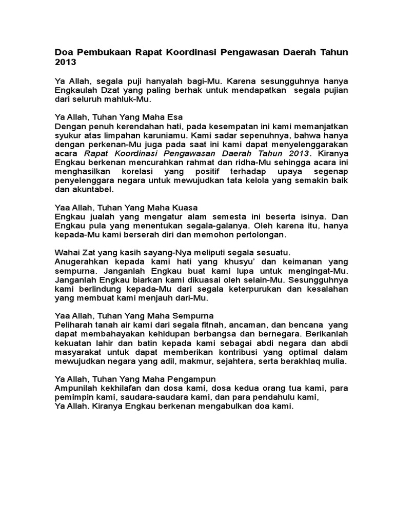 Doa Pembukaan Acara Rakorwasda Tahun 2013
