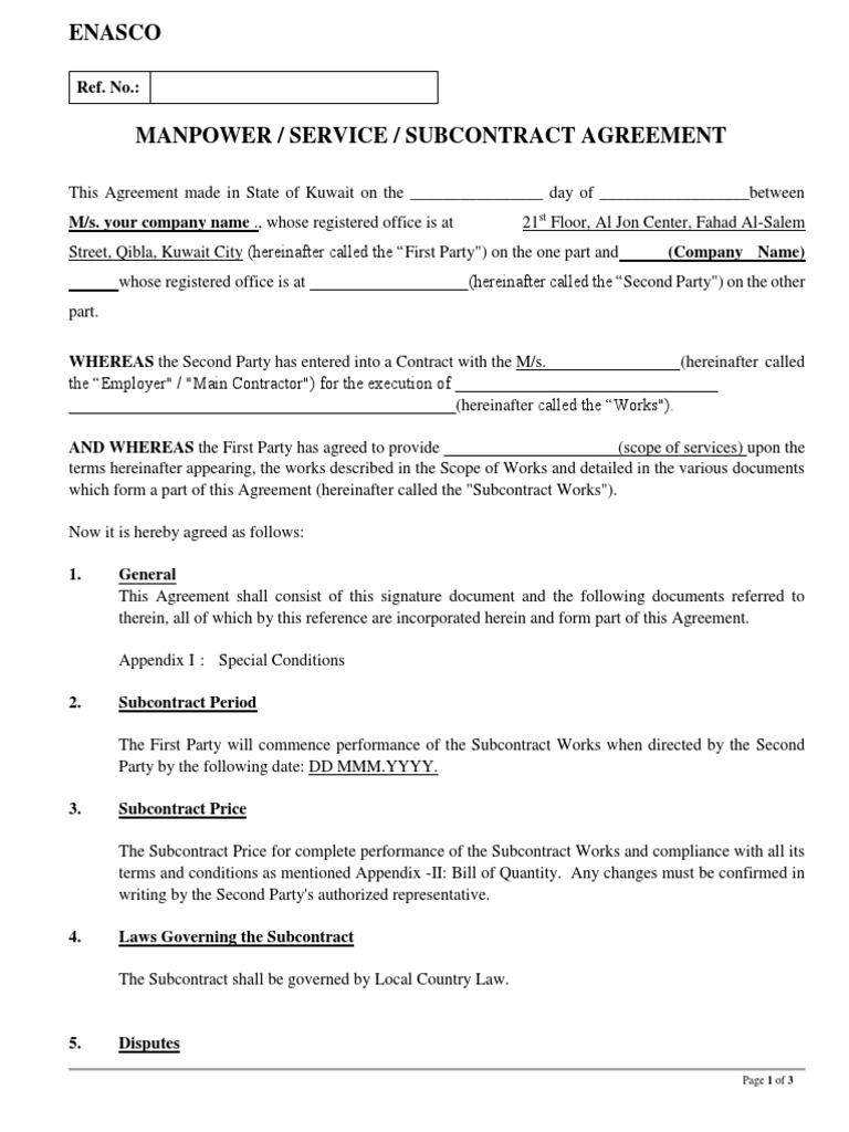 Manpower Subcontract Agreement Kuwait | PDF | Business Law | Virtue