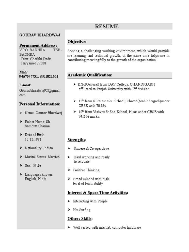 Resume: Permanent Address: Objective | PDF