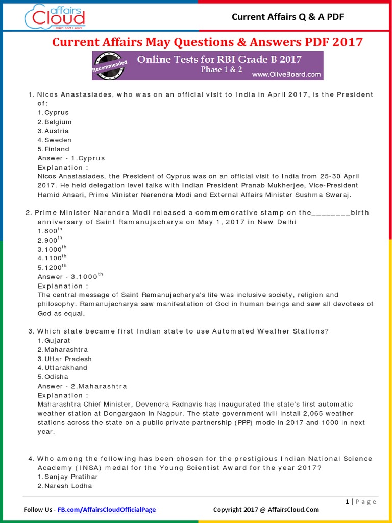 Current Affairs May Question & Answer 2017 PDF by AffairsCloud | PDF ...