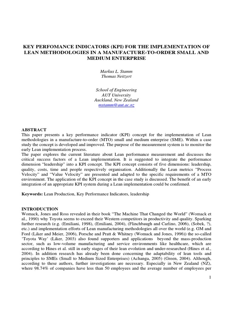 KPIs for Lean in MTO SMEs | PDF | Lean Manufacturing | Performance ...