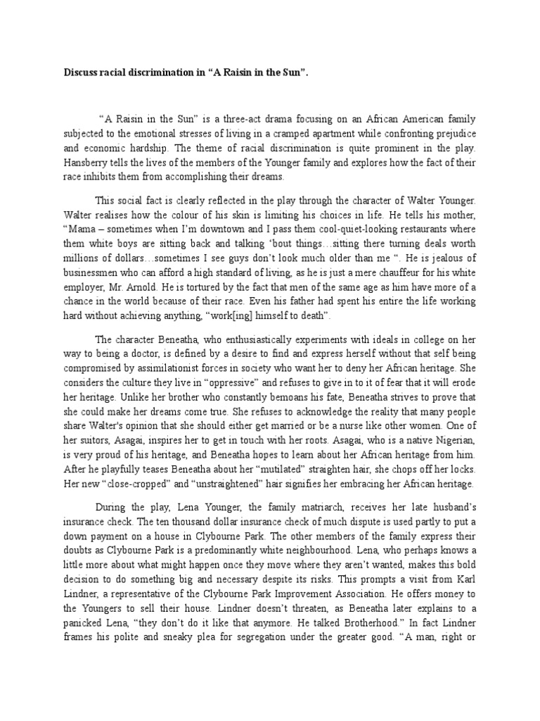A RAISIN in The SUN Discuss Racial Discrimination PDF Racism
