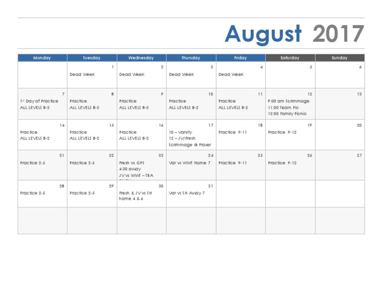 August 2017 Sports Practice Schedule | PDF