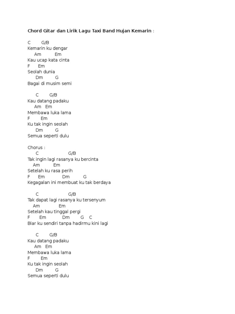 Chord Gitar Dan Lirik Lagu Taxi Band Hujan Kemarin Pdf