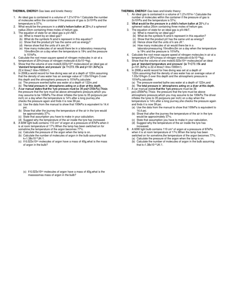 Gas Laws and Theory PDF Gases Scuba Diving