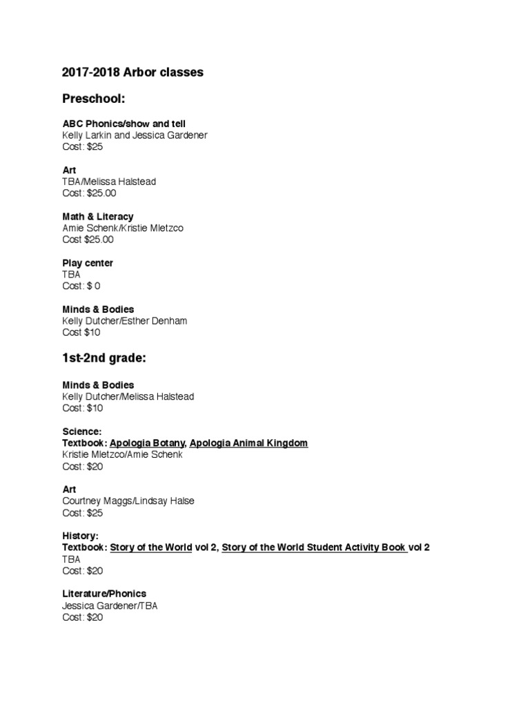 Arbor Class Descriptions 1718 PDF Homework Sat