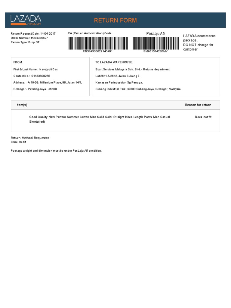 Lazada - Return Form | PDF