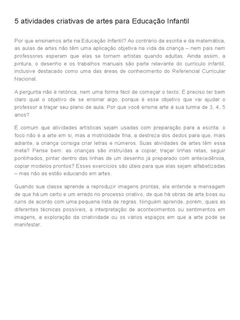 5 Atividades Criativas de Artes para Educação Infantil | PDF | Pinturas ...