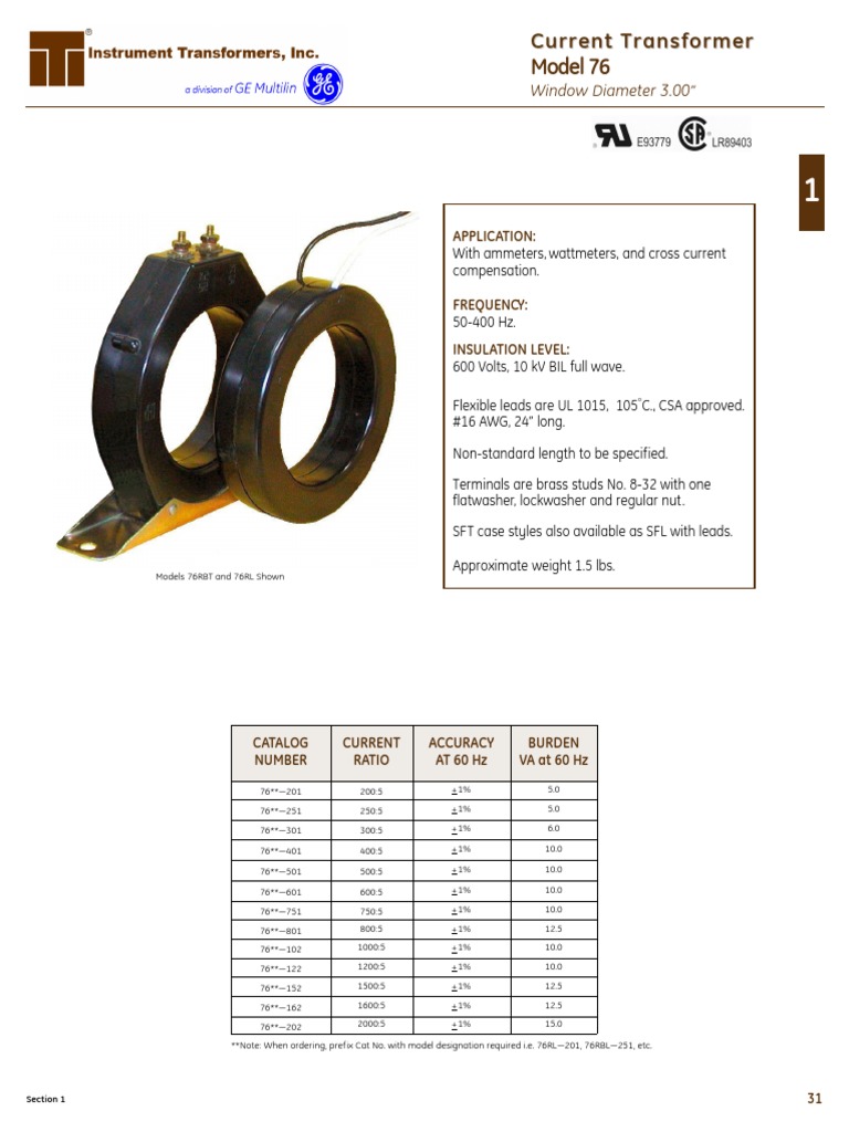 2 Instrument Transformers Current Transformer 76sft122 Datasheet