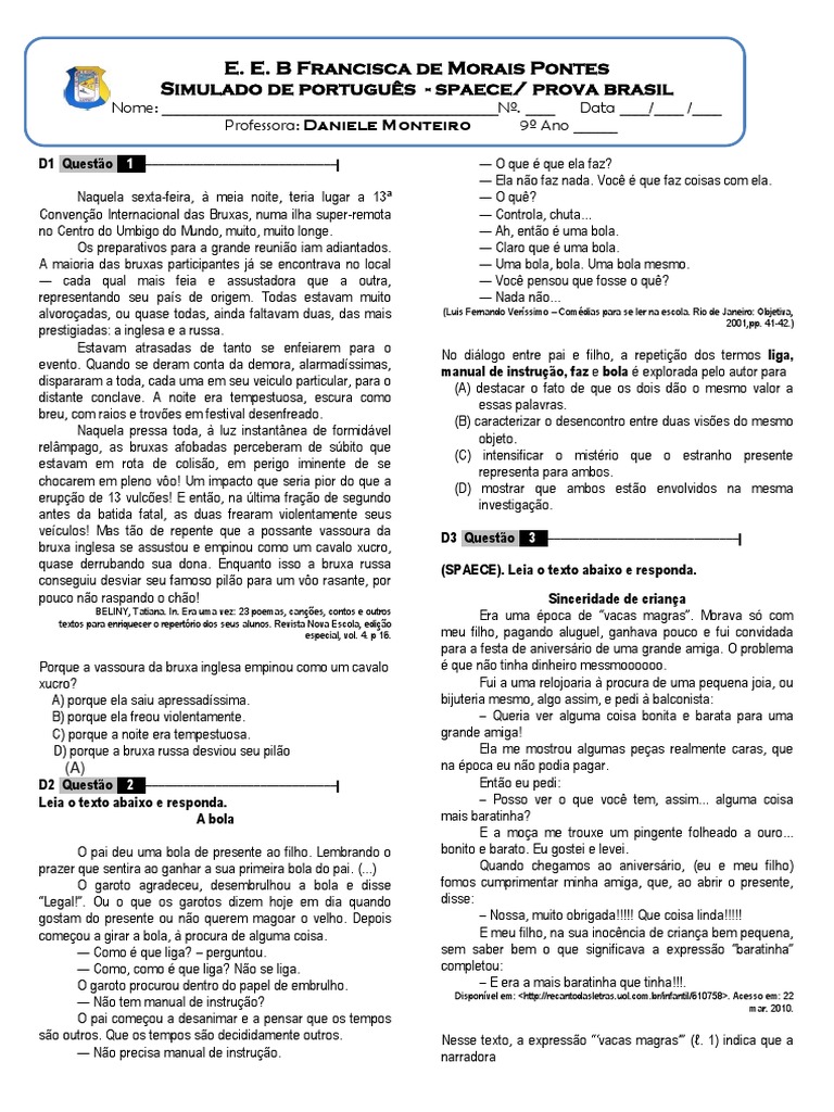 Simulado de português - spaece/ prova brasil | PDF | Pipa | Brasil