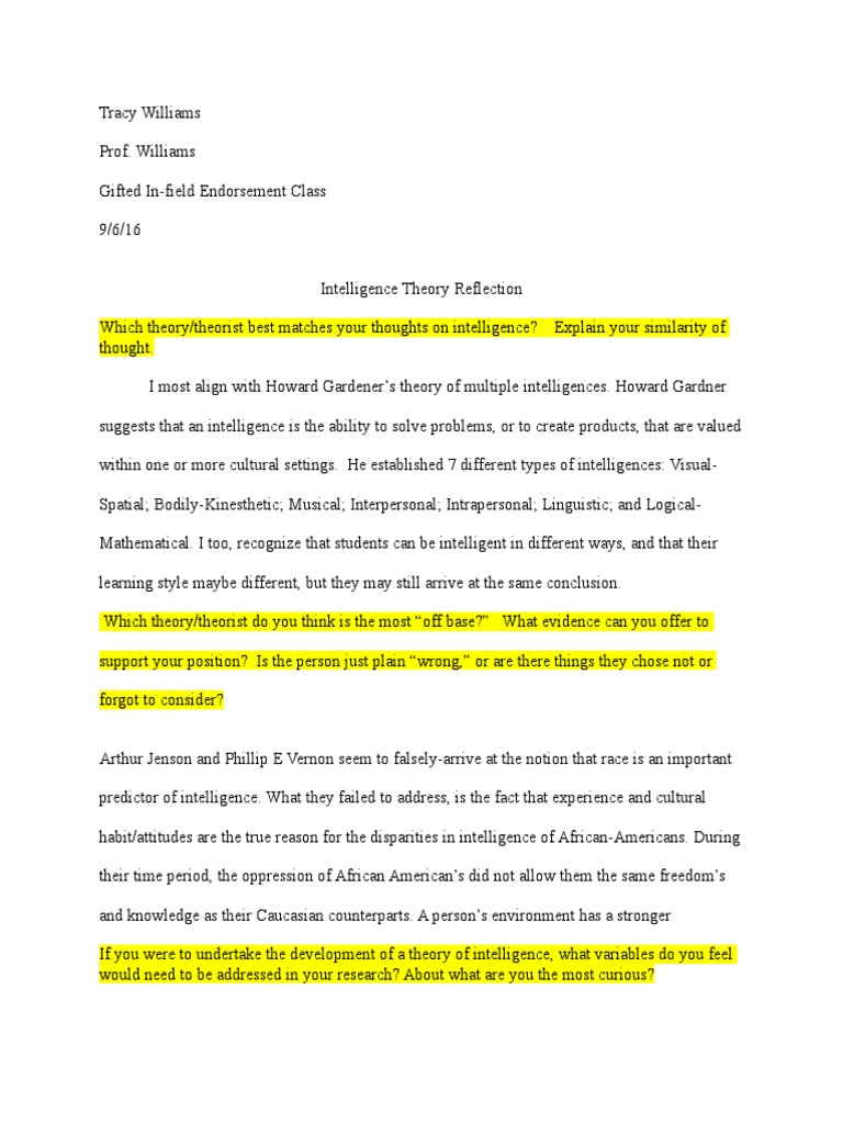 Intelligence Theory Reflection Sheet | PDF | Intelligence ...