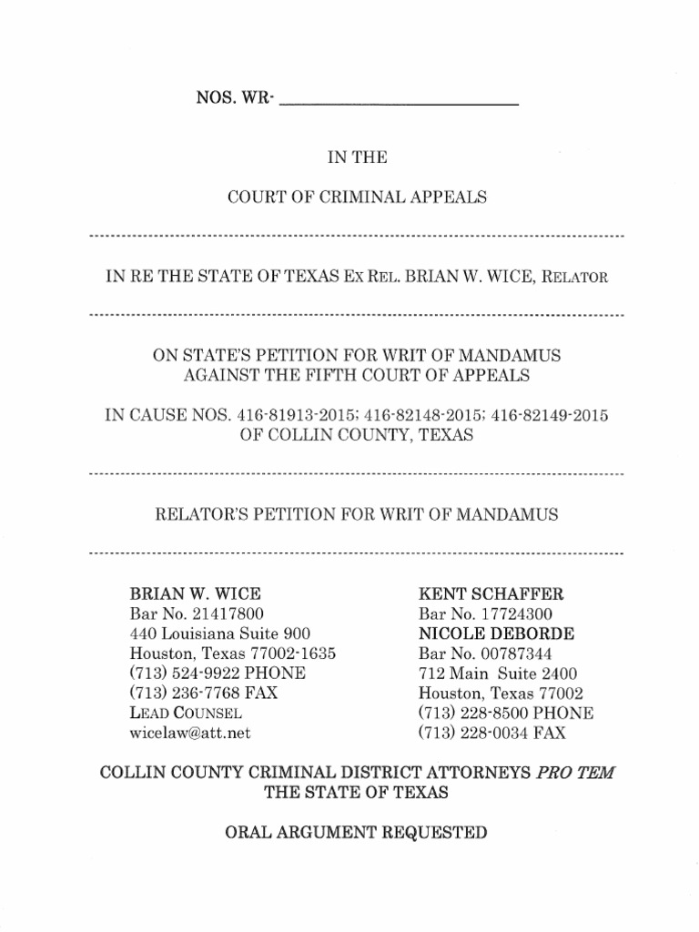 Texas Court of Criminal Appeals Mandamus by Paxton Special Prosecutors ...