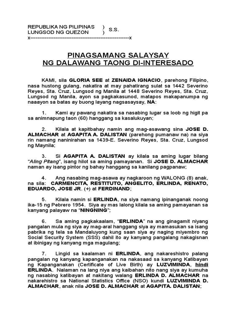 Affidavit of Two Disinterested Persons (Tagalog)