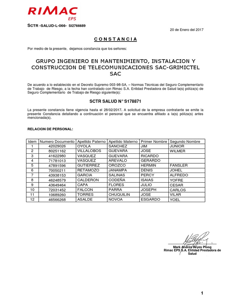 Constancia SCTR Salud Rimac 2017 | PDF
