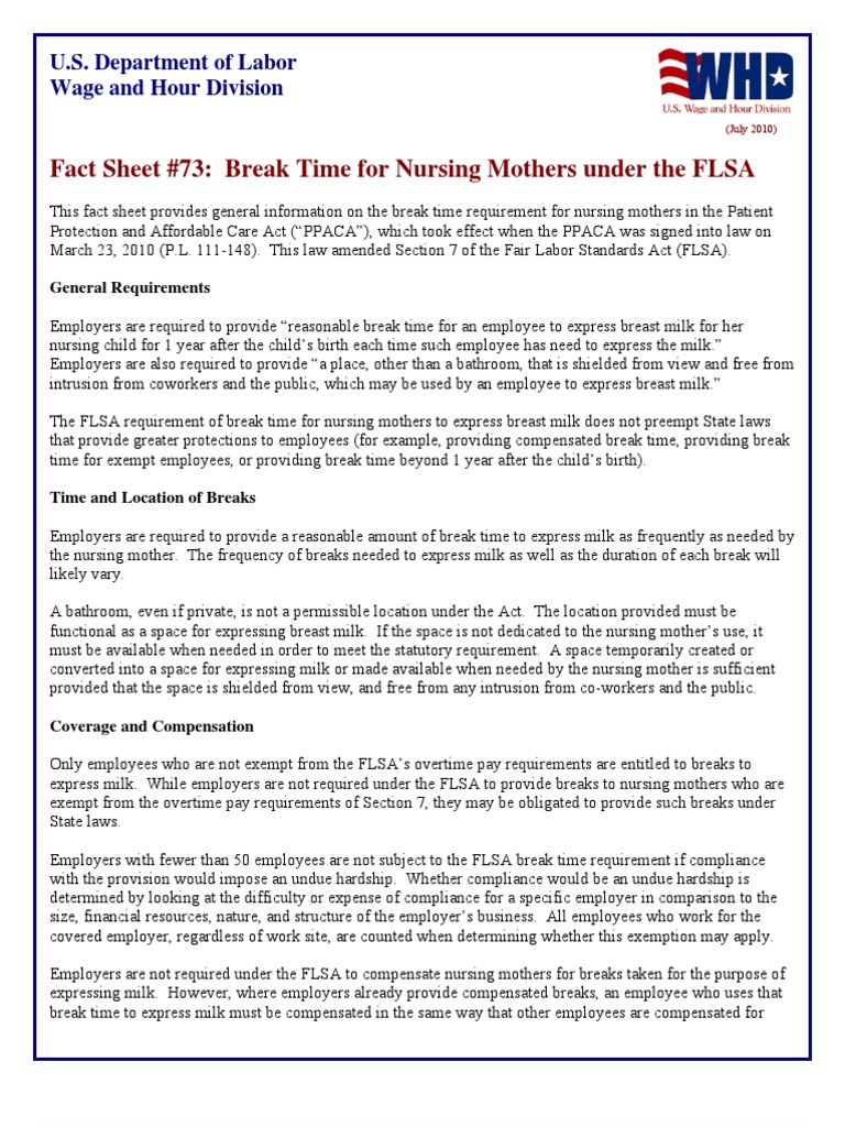 US DOL Fact Sheet 73 Break Time For Nursing Mothers PDF