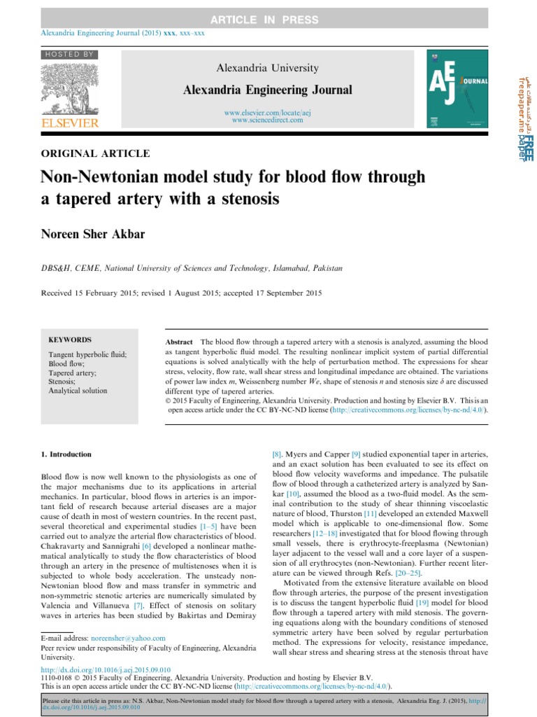 10.1016 J.aej.2015.09.010 Non Newtonian Model Study For Blood Flow ...