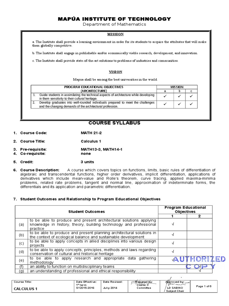 Math 21 2 Syllabus Ar 1 Differential Calculus Derivative
