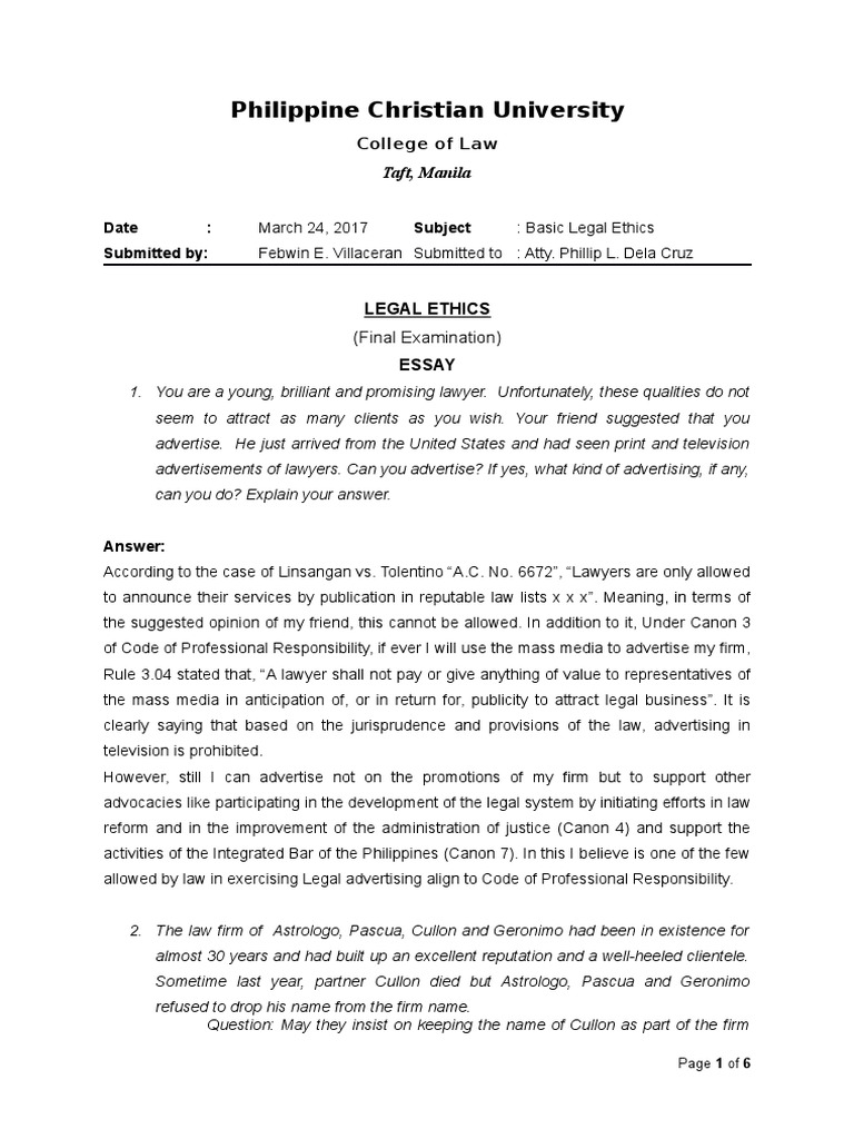 Legal Ethics Final Exam PDF Lawsuit Lawyer