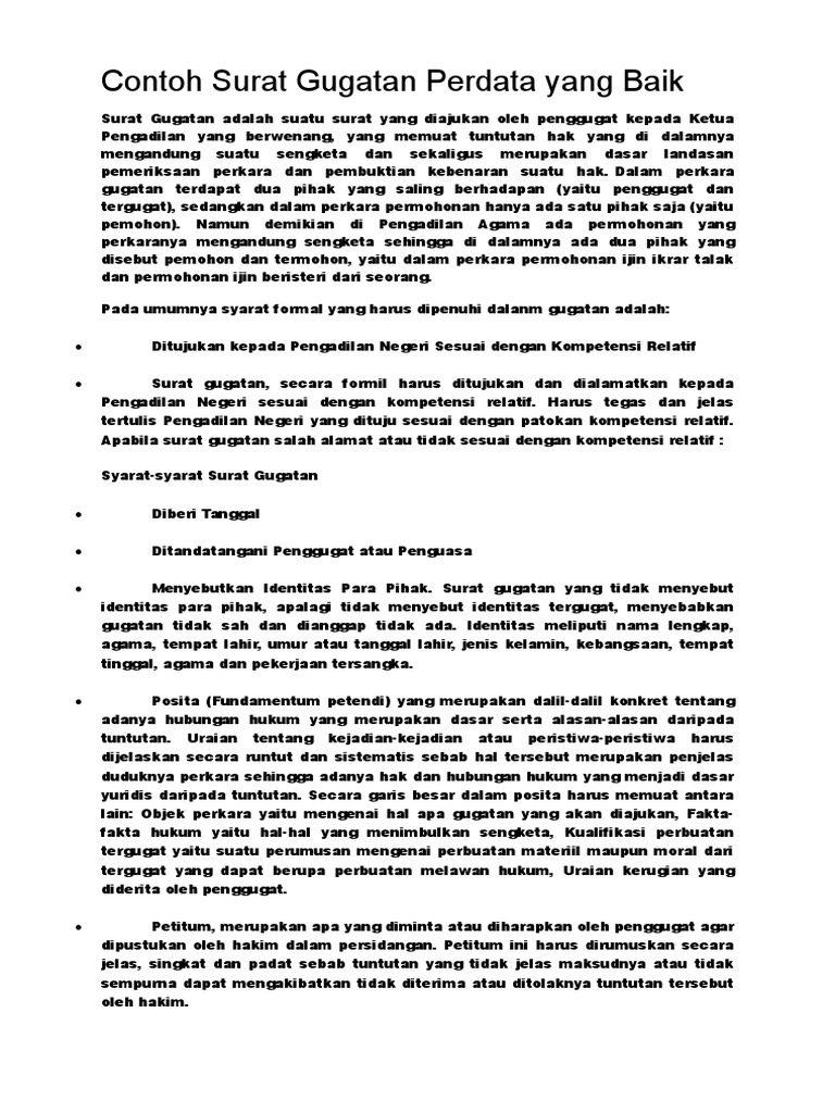 Contoh Surat Gugatan Perdata Yang Baik