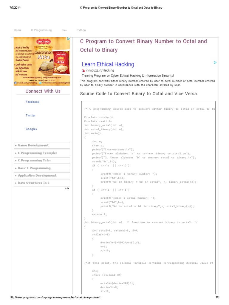 C Program To Convert Binary Number To Octal and Octal To Binary | PDF ...