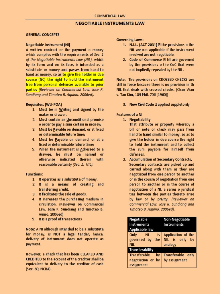Understanding Negotiable Instruments Law | PDF | Negotiable Instrument ...
