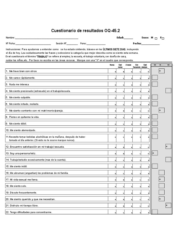 Cuestionario OQ 2001 | PDF | Salud y bienestar | Medicina