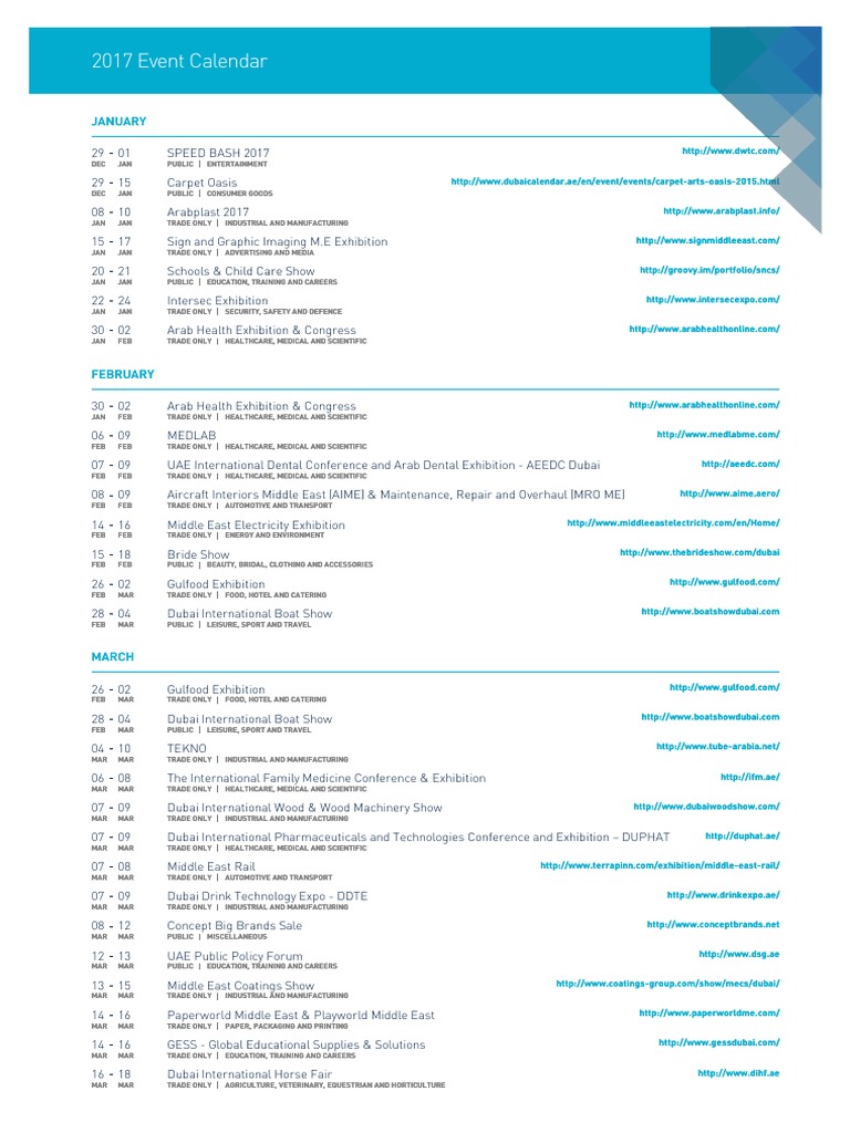2017 DWTC Event Calendar English Download Free PDF Dubai United