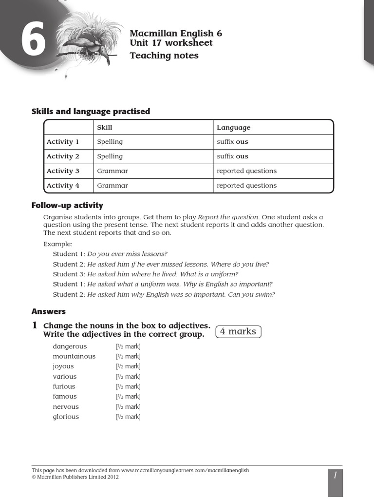 Macmillan English 6 Unit 17 Worksheet Teaching Notes | PDF | English ...