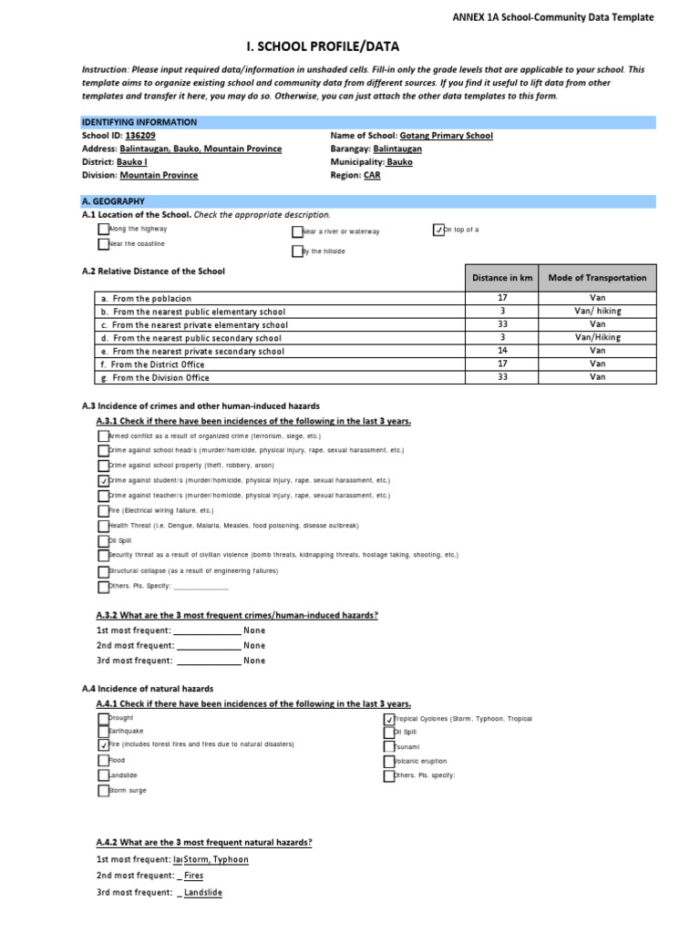 SIP Annex 1A - School-Community Data Template Gotang4 | PDF | Natural ...