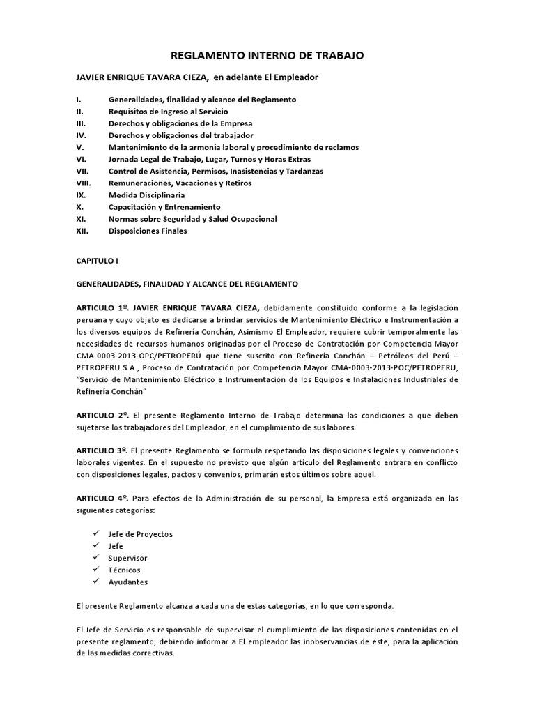 Reglamento Interno de Trabajo Empresarial | PDF | Derecho laboral ...