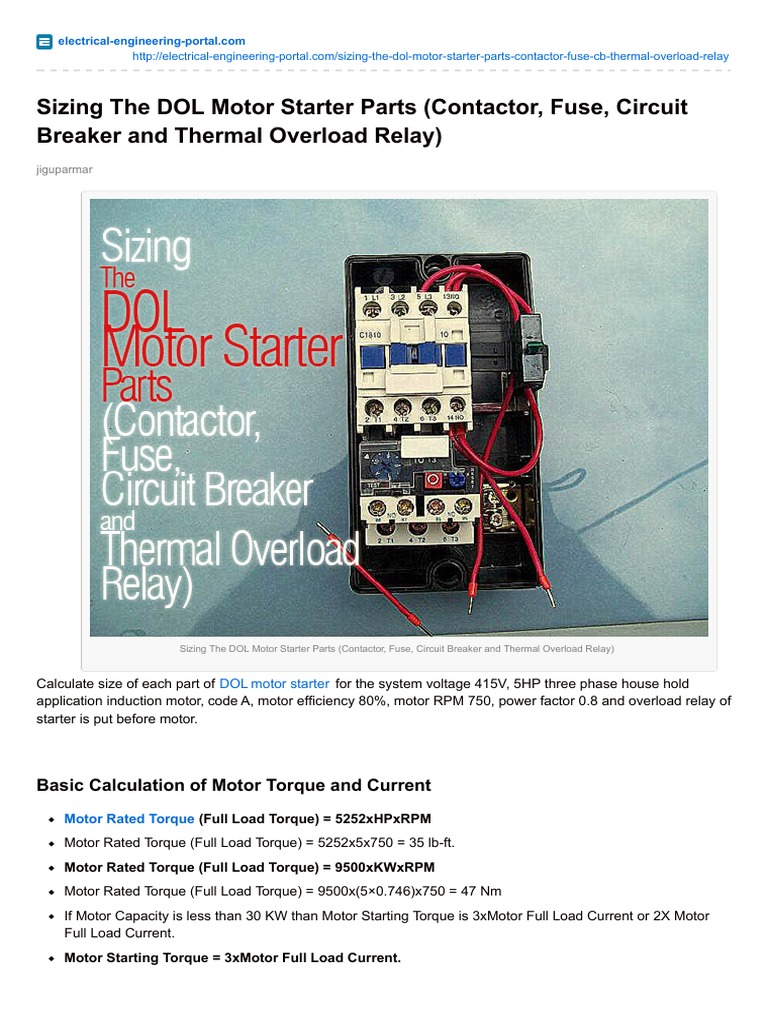 Sizing The Dol Motor Starter Parts Contactor Fuse Circuit Breaker and