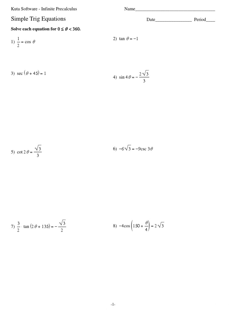 22 - Simple Trig Equations PDF  PDF Pertaining To Solve Trig Equations Worksheet