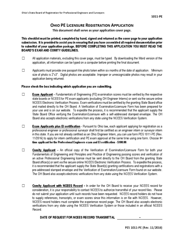 Ohio PE Registration Packet Licensure Notary Public