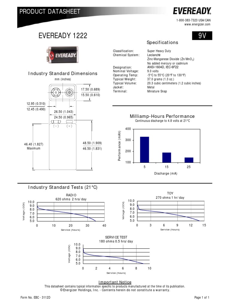 Eveready 1222 Product Datasheet Download Free PDF Electrical