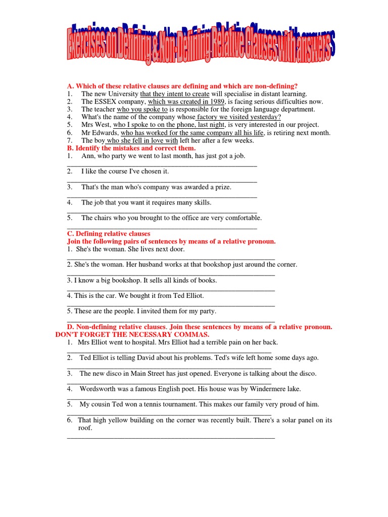 Defining & Non-Defining Exercises With Answers PDF | PDF