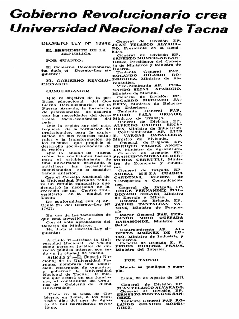 Ley 18942 Crea Universidad Nacional de Tacna | PDF