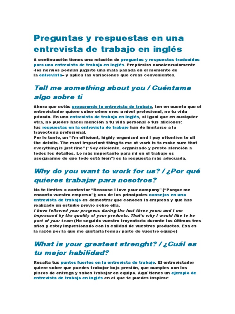 Entrevista Preguntas En Ingles Prueba Evaluacion Negocios