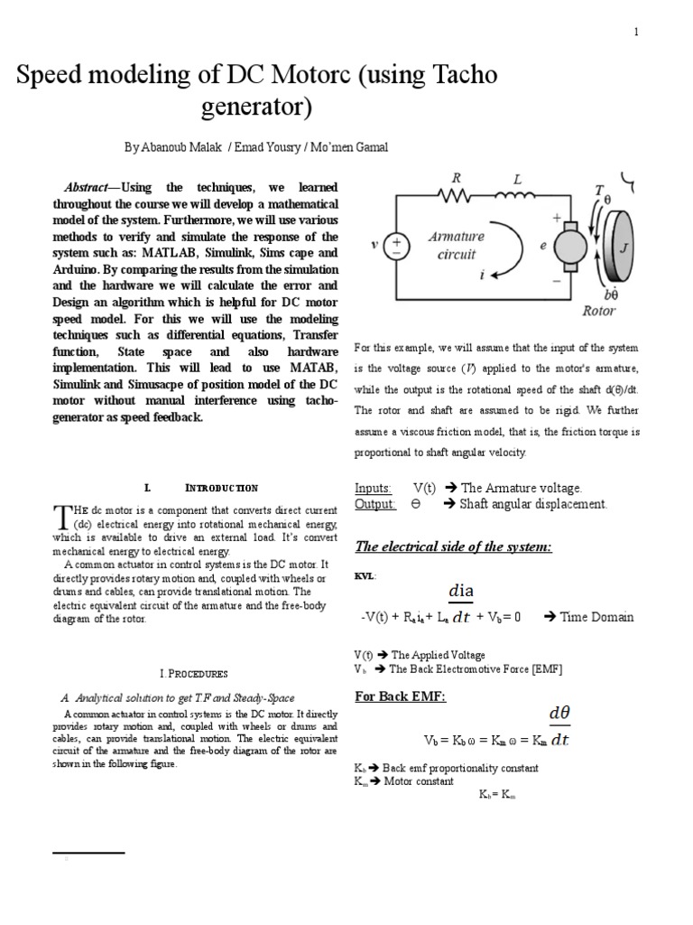Speed Modeling of DC Motorcusing Tacho Generator PDF Electric Motor Electric Generator