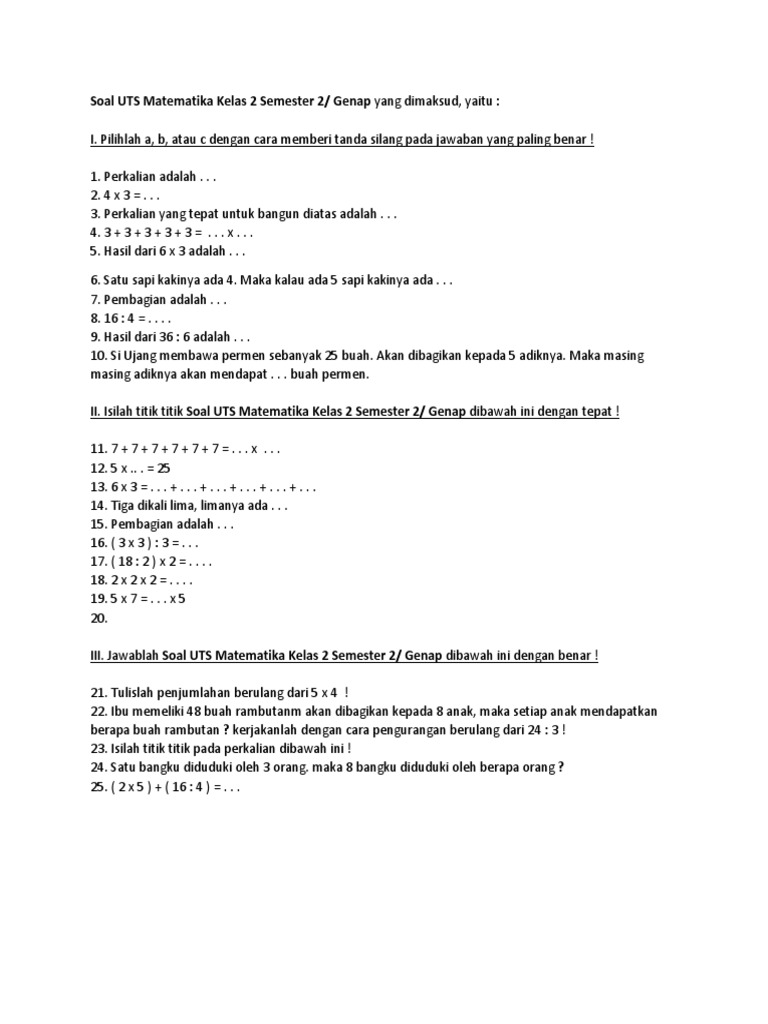 Soal Uts Matematika Kelas 2 Semester 2