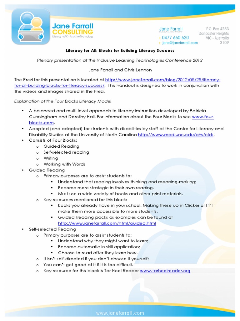 Four Blocks Literacy Model Overview | PDF | Literacy | Reading (Process)