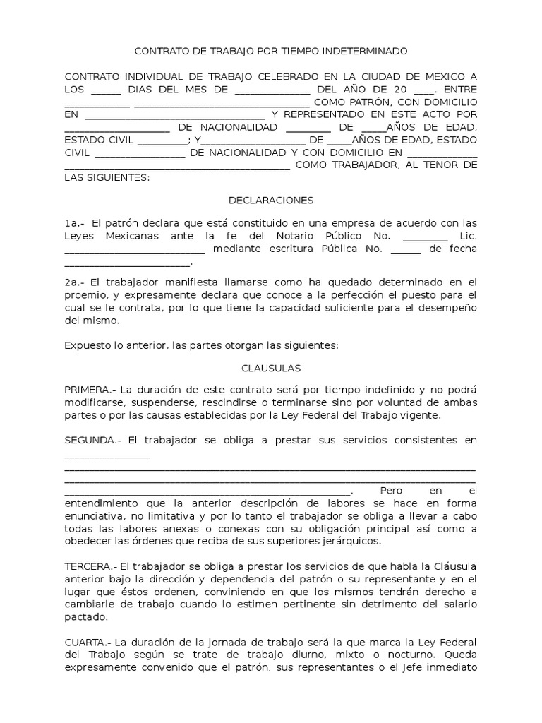 Contrato de Trabajo Por Tiempo Indeterminado | PDF | Derecho laboral |  Tiempo de trabajo