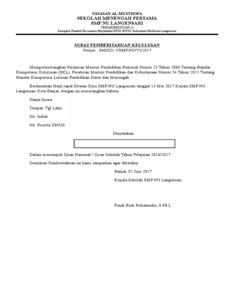 Surat Pemberitahuan Kelulusan Pdf