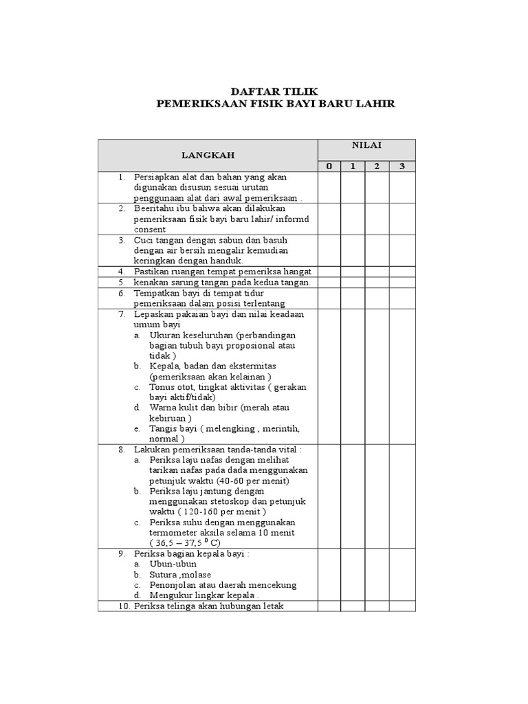 Daftar Tilik Pemeriksaan Fisik Bayi Baru Lahir