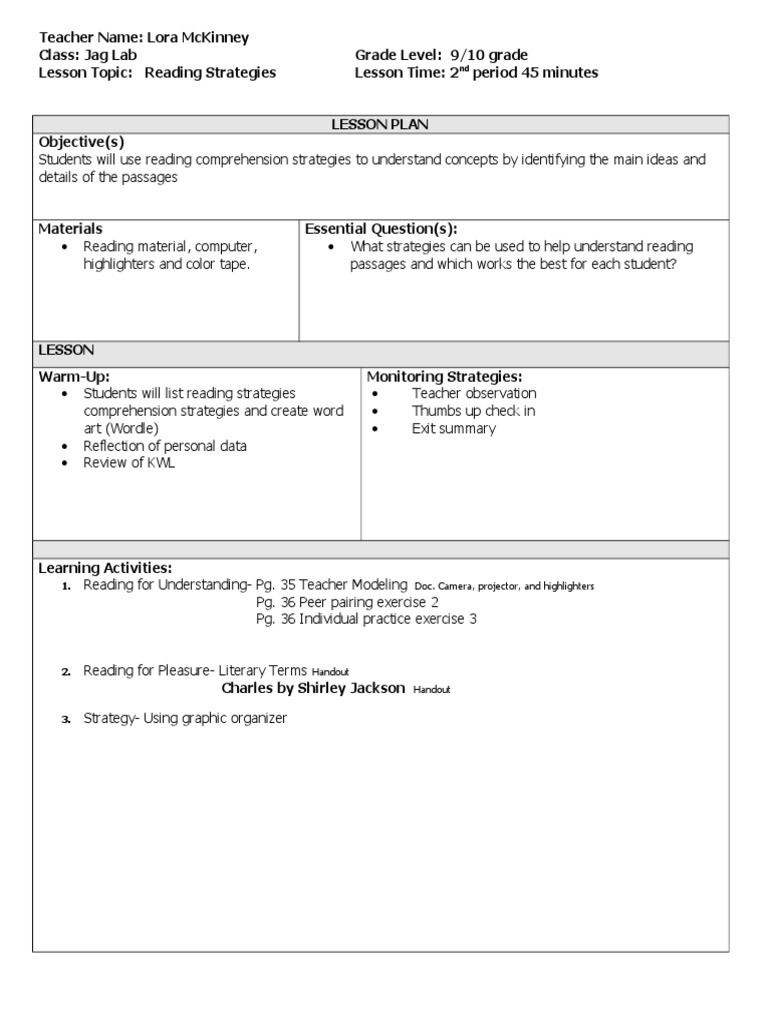 Grade 9/10 Reading Strategies Lesson Plan | PDF | Reading Comprehension ...