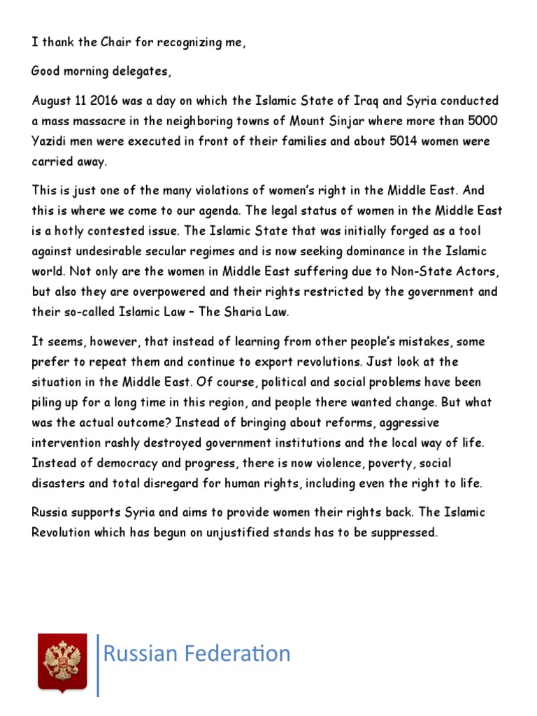 Women's Rights in the Middle East MUN Speech | PDF